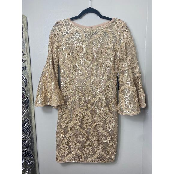NWT AIDAN MATTOX DRESS SEQUIN LACE BELL SLEEVE SHEER MESH GOLD NUDE SHORT MINI - Picture 1 of 15